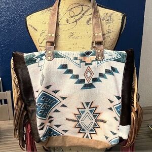 BOHEMIAN HOPOFLY CANVAS FUR LEATHER FRINGE LARGE TOTE BAG